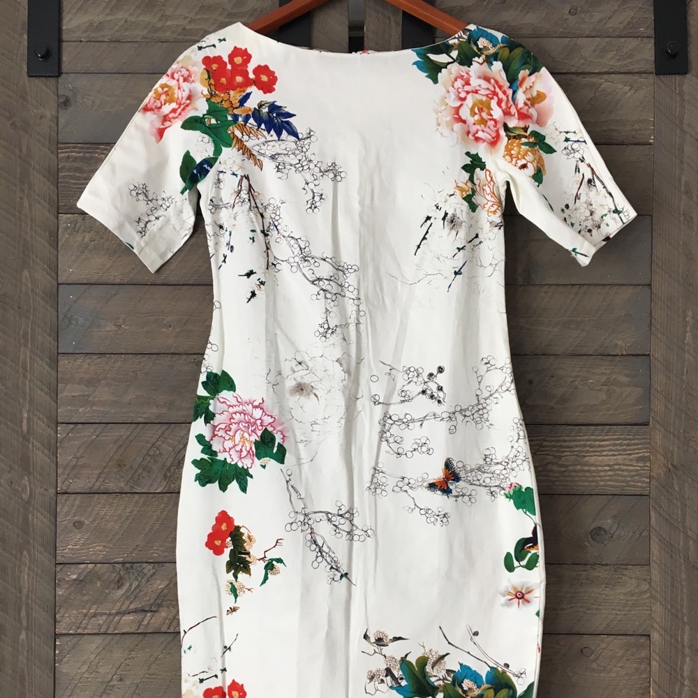 Multi Floral Asian Boat-neck Sheath Cocktail Dress